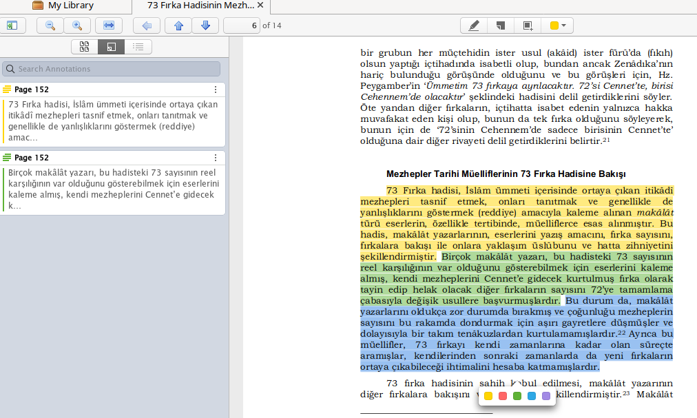 zotero pdf okuma ve renkli işaretleme