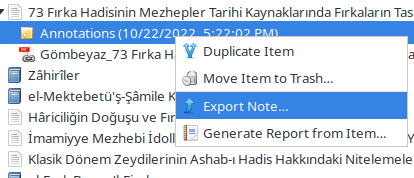 zotero notu dışarı aktarma